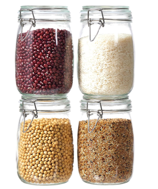4 Pack 34oz Food Storage Jars with Airtight Lids, Preserving Seal Wire Clip Fastening Glass Containers, Canisters for Kitchen Organization, Flour, Cereal, Pasta, Sugar, Beans, Pickling Jars(34 Oz*4)