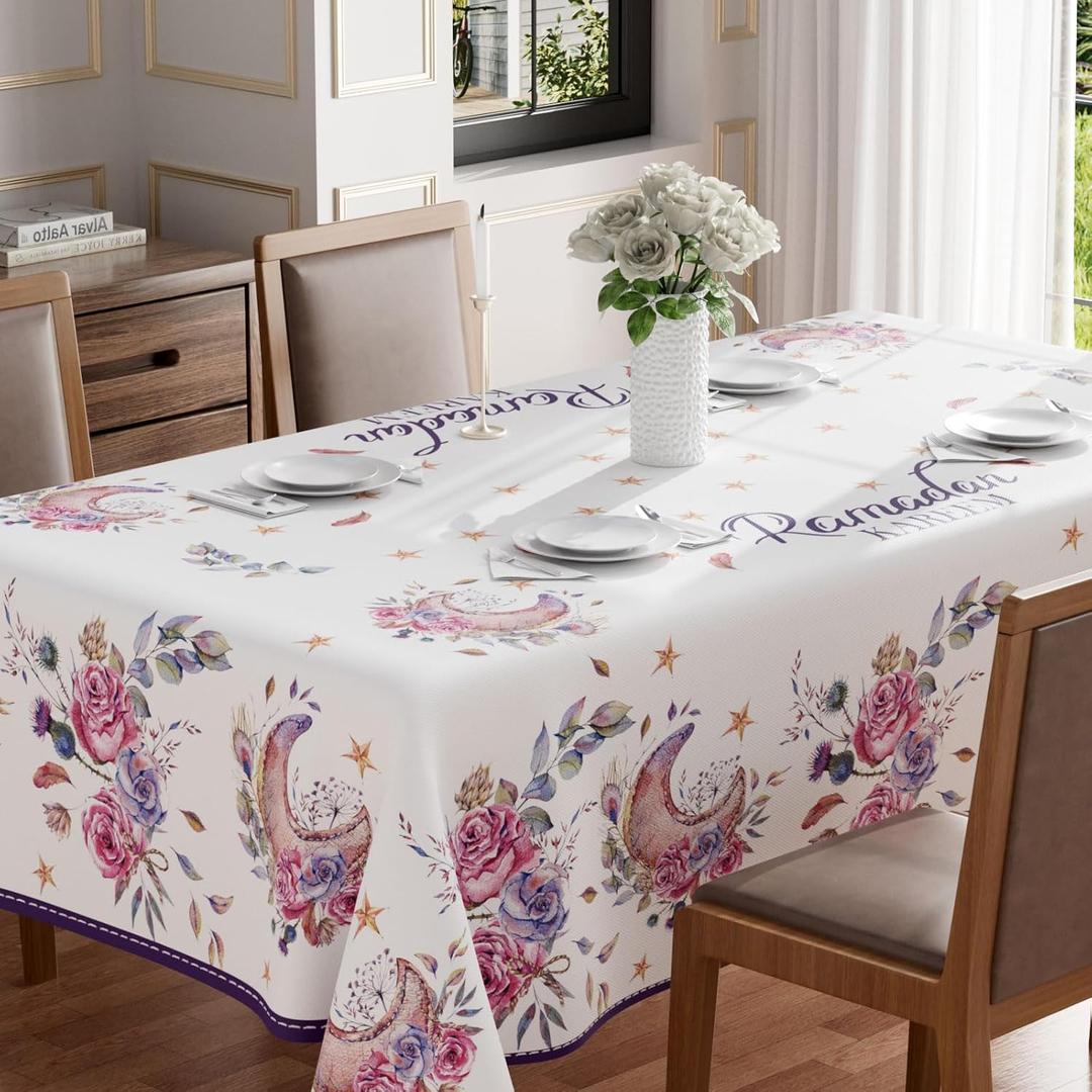Eid Al-Fitr Ramadan Kareem Watercolor Moons Flowers Tablecloth Rectangle Washable Table Covers for Indoor Outdoor Dining Table Home Party Decorations 60x104 Inch (104" x 60" (Rectangular))