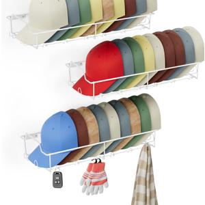 Hat Organizer Racks for Baseball Caps - Metal Hat Storage Holder Shelves for Wall Fit 20 Caps - 3 Pack, White Hat Organizer Racks for Baseball Caps - Metal Hat Storage Holder Shelves for Wall Fit 20 Caps - 3 Pack, White