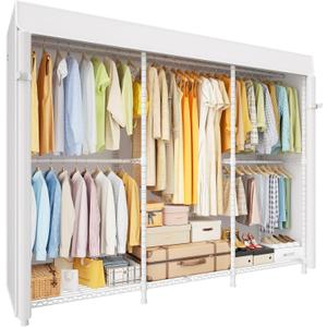 ULIFHOME E14C Pro Heavy Duty Closet Organizer System，Freestanding Clothing Racks for Hanging Clothes，Adjustable Garment Rack 70.1"W × 16.6"D × 76.4"H Hold 960 lbs，White Rack with White Dustproof Cover