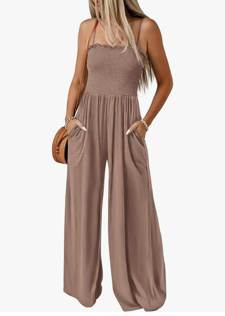 PRETTYGARDEN Women's Summer Jumpsuits Dressy Casual One Piece Outfits Linen Smocked Spaghetti Strap Pockets Wide Leg Rompers M