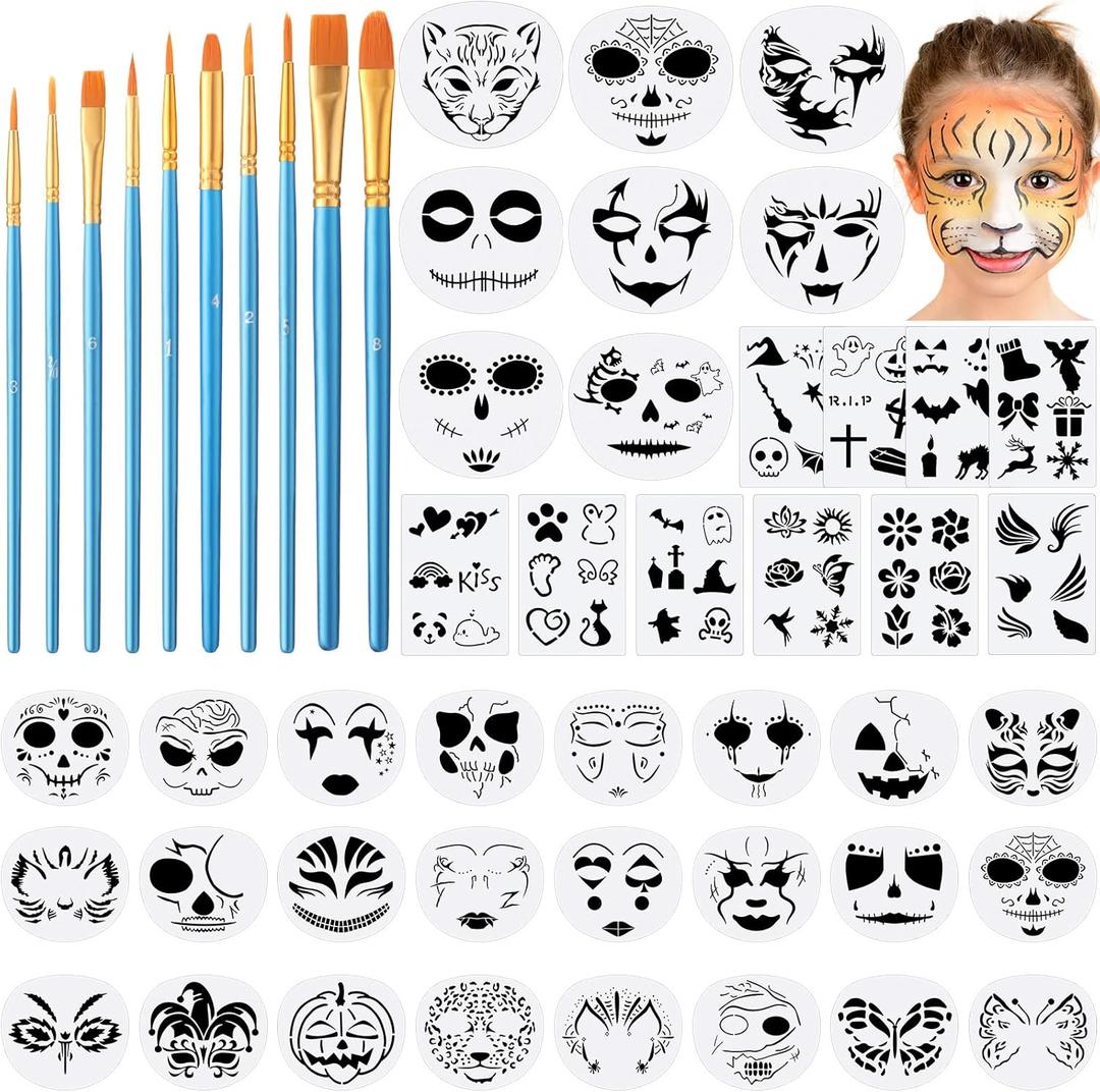 52 Pcs Face Paint Stencils Kit 32 Large Reusable Face Painting Stencils10 Body Sheets Tattoo Templates Stickers 10 Brushes for Halloween Birthday Party Festival Makeup DIY Drawing Art(Weird Style)