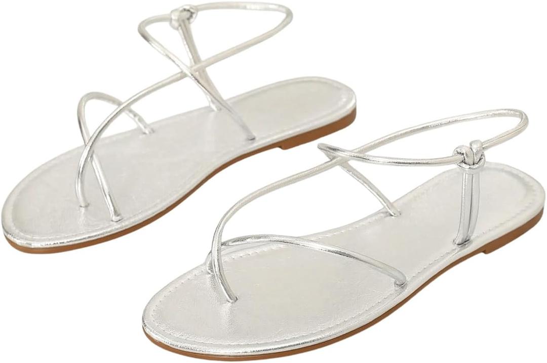 GORGLITTER Women's Metallic Strappy Flat Sandals Open Toe Dressy Summer Beach Thong Slides (9.5)