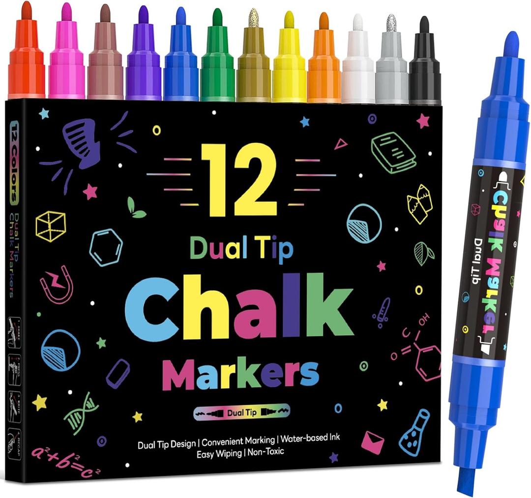 12 Dual Tip Liquid Chalk Markers - Erasable Chalk Markers for Blackboard, Chalkboard Signs, Glass, Chalk Pens Wet Erase Makers for Bar Menu, Shcool,Wedding Sign, Just Married Car Windows Decorations