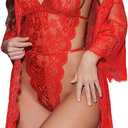 Avidlove Women Sexy Lingerie Set 2 Piece Lace Kimono Robe with Lace Teddy Lingerie Bodysuit (Bright Red), Size XL