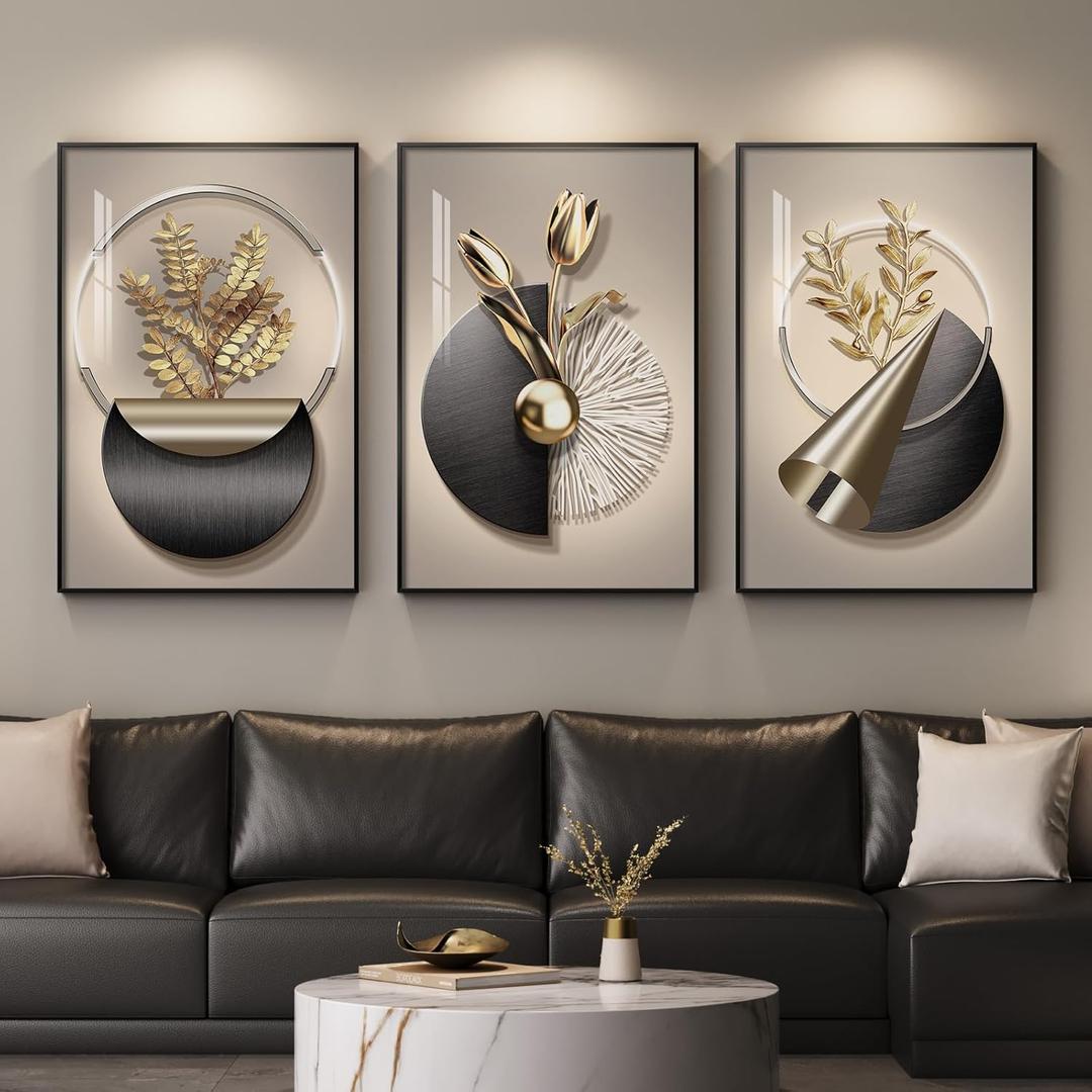 Large Framed Modern Elegant Wall Art for Living Room, 3 Piece Black and Gold Bright Luxury Prints Paintings, Contemporary Elegant Flower and Geometric Pictures for Bedroom Entryway Wall Decor 24x36 In (Golden Bloom Series)