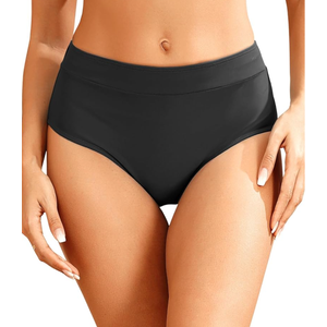 Tempt Me Women Mid Waist Bikini Bottoms - Full Coverage Bathing Suit Swim Bottom Swimsuit Swimwear M, Black