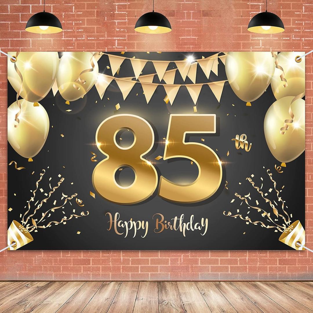 HAMIGAR 6x4ft Happy 85th Birthday Banner Backdrop - 85 Years Old Birthday Decorations Party Supplies for Women Men - Black Gold