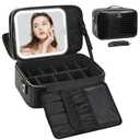 Relavel Makeup Bag With LED Mirror, 2-Layers Travel Cosmetic Bag with Removable Partitions, Large Capacity Makeup Train Case Organizer Box for Women with Lighted Mirror, Crocodile (04-Crocodile Black)