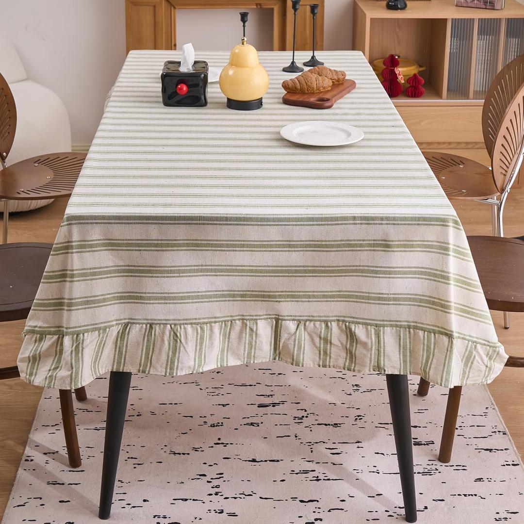 Vctops Farmhouse Sage Green Stripe Ruffle Table Cloth, Boho Cotton Linen Tablecloth, Washable Table Cover for Square Table Baby Shower Kitchen Party Wedding Decor (Green A,70"x70")