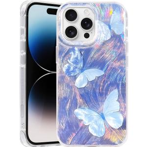 Compatible with iPhone 16 Pro Case,with [Shockproof Protective][Camera Protection] Cute Butterfly Aesthetic Phone Cover Anti-Yellowing Soft Slim Cover for Women Girl-Blue