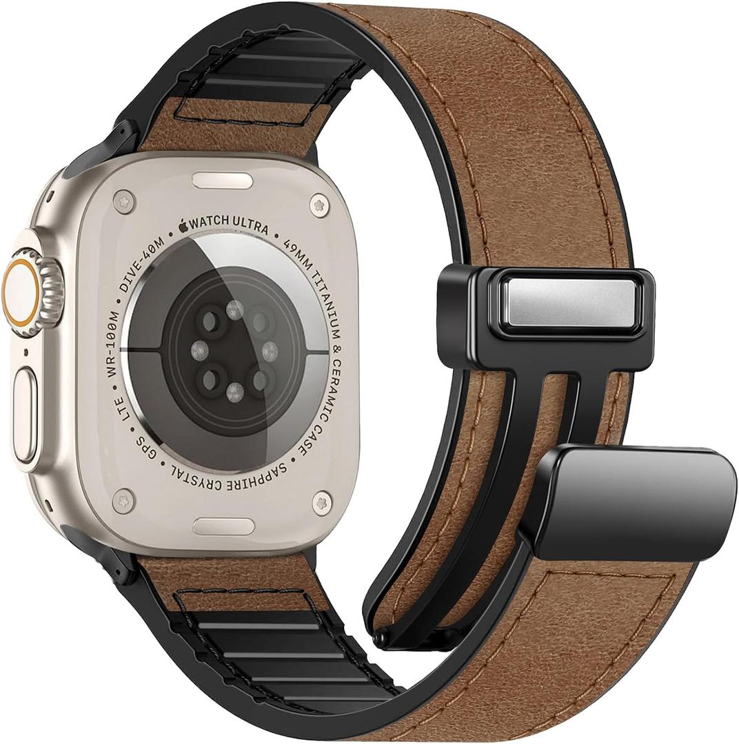 Magnetic Leather Bands Compatible with Apple Watch 49mm 46mm 45mm 44mm 42mm(S3/2/1) for Men Women, Genuine Leather with Magnetic Buckle for iWatch Ultra1/2/3 Series SE11/10/9/8/7/6/5/4/3/2/1 (A9 Retro Dark Brown)