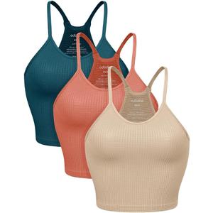 ODODOS Women's Crop 3-Pack Waffle Knit Seamless Camisole Crop Tank Tops, Beige+ Coral +Teal, Medium/Large