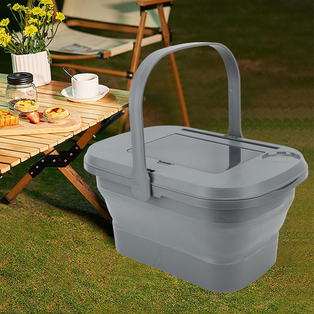 Foldable Picnic Basket, Folding Camping Storage Basket Large Capacity Portable Foldable Outdoor Storage Box with Tray Table, Car Trunk Organizer Storage Basket for Outdoor Parties, Family(Gray)