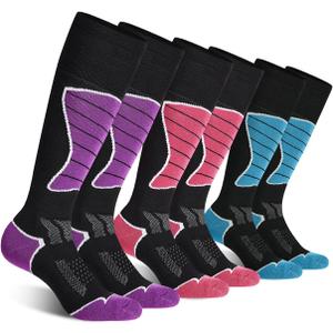 CelerSport 3 Pack Women's Ski Socks for Skiing, Snowboarding, Cold Weather, Warm Thermal Socks Winter Performance Socks, Black Blue + Black Pink + Black Purple, Small