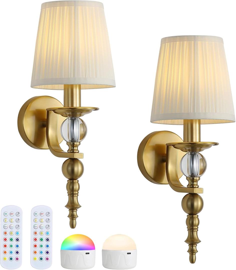 Wireless Lights for Wall Indoor Set of 2, Rechargeable LED Wall Lamps with Remote Control, 15 RGB Colors Cordless Lighting for Bedroom Living Room Hallway Fireplace