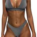 Bathing Suits for Women Deep V Neck Sexy Two Piece Bikini Sets for Women Thong Halter Cheeky Swimsuit (Large, Black Stripe)