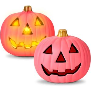 Retisee 2 Pack Plastic Jack O Lantern Pumpkins Pink Halloween Light up Pumpkin Decorations Battery Operated with Spooky Face for Halloween Indoor Outdoor Party Favor Gift Tabletop Decorations