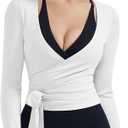 SUUKSESS Women Pilates Wrap Workout Cropped Top Ribbed Long Sleeve V Neck Tie Front Ballet Yoga Shrug Blouse (White, XS)