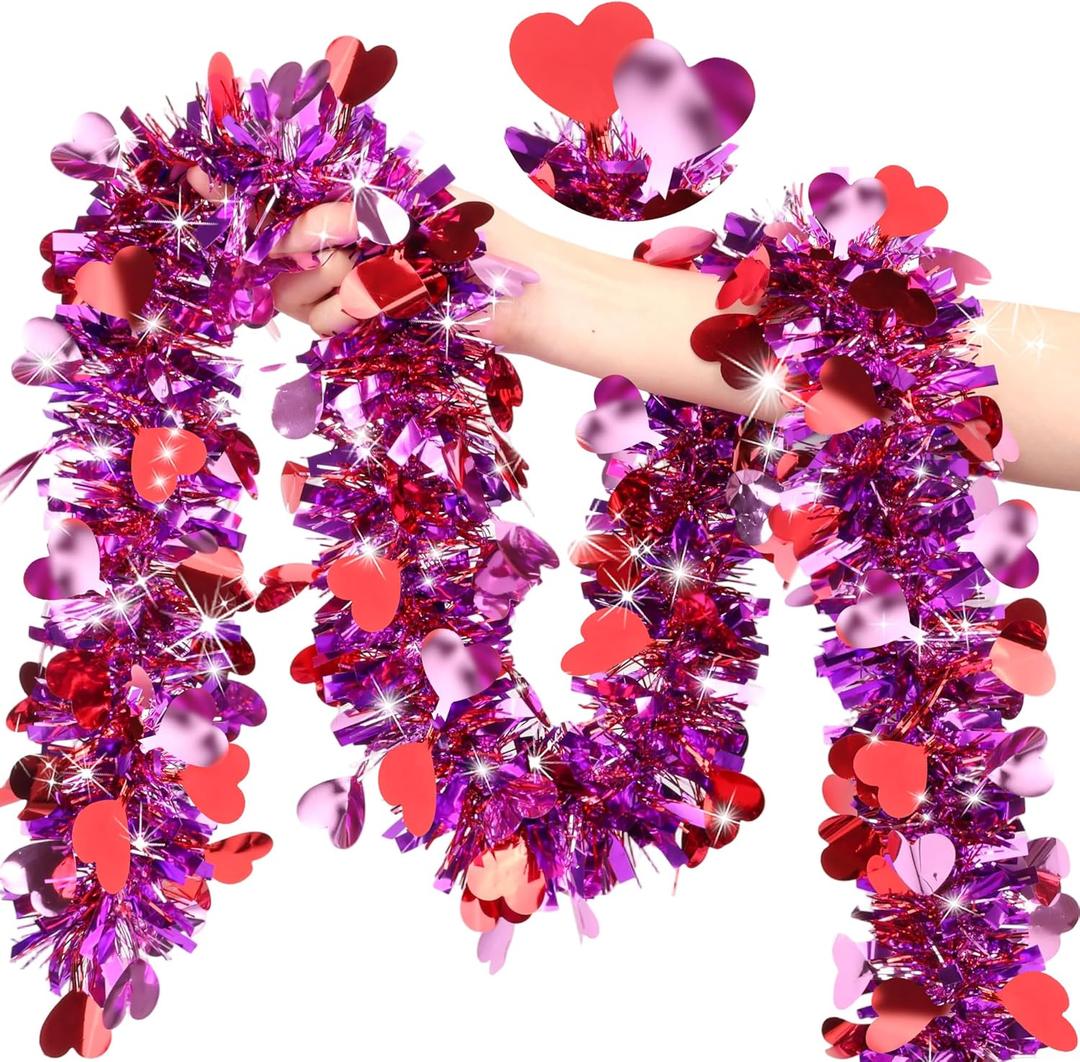 50 FT Valentines Day Garland Decor Red Pink Purple Heart Tinsel Garland Metallic Glitter Hanging Garlands Valentines Day Decorations for Tree Mantel Home Indoor Wedding Galentines Party Romantic Decor