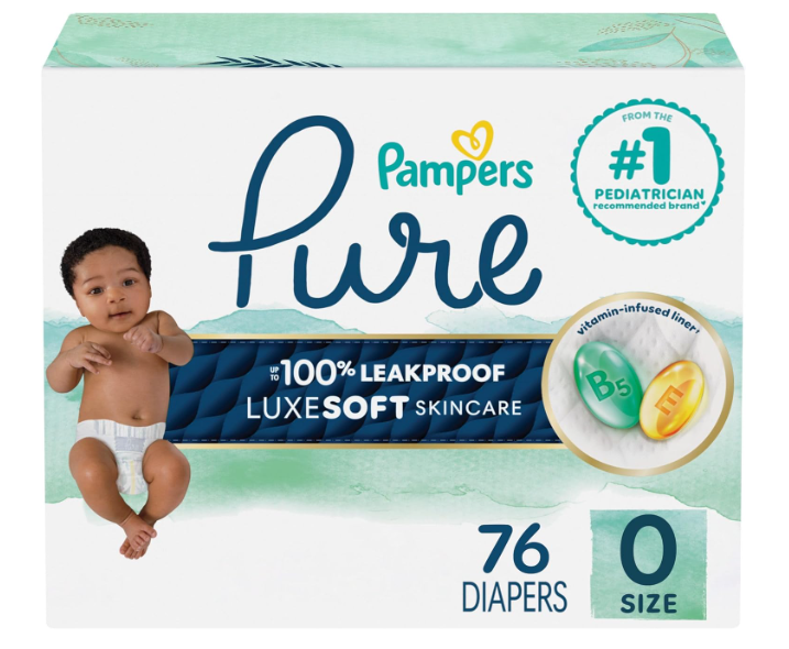 Pampers Pure Baby Diapers, Size 0 (>10 lbs), 76, Up to 100% Leakproof, Premium Hypoallergenic Soft Diapers