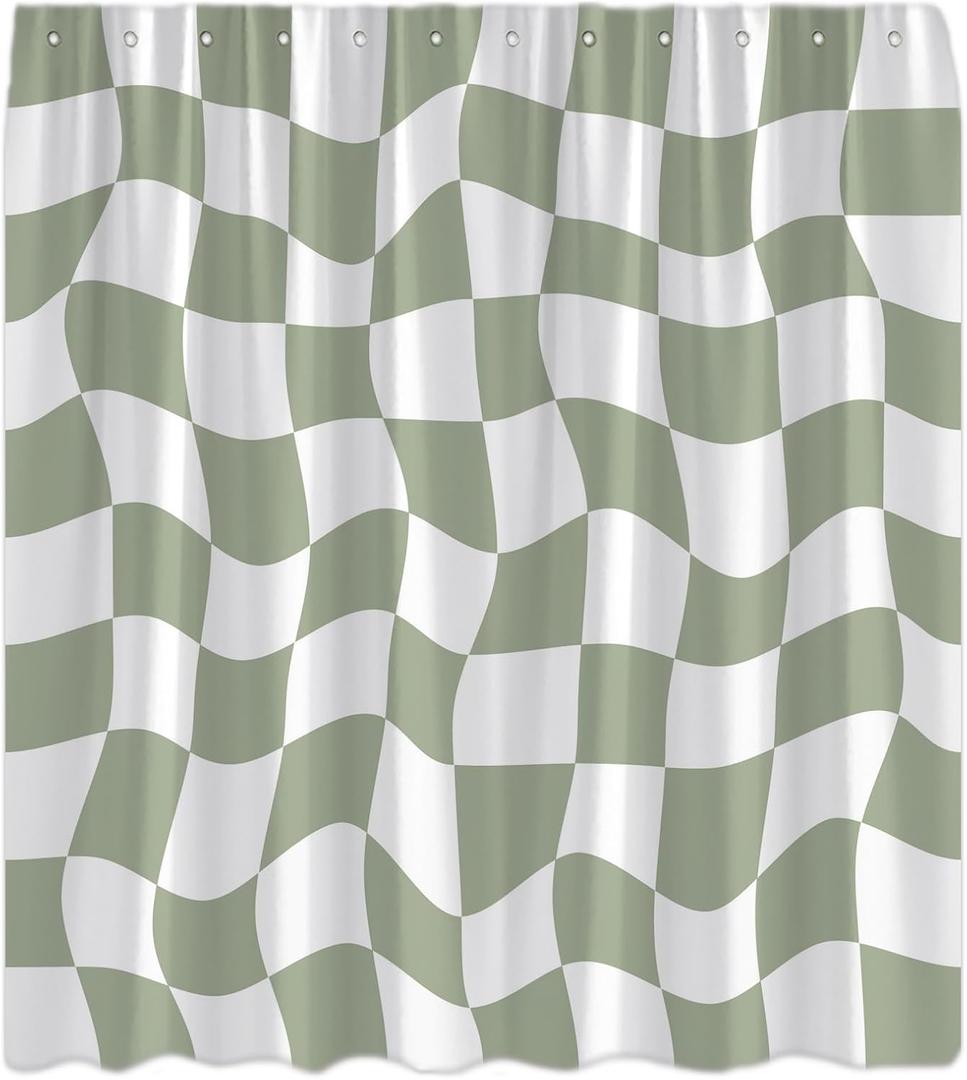Retro Checkered Shower Curtain Sage Green and White Cute Checkerboard Geometric Vintage 60s 70s Abstract Aesthetic Modern Decor Bathroom Curtain Set with Hook, Size: 70"W x 70"H