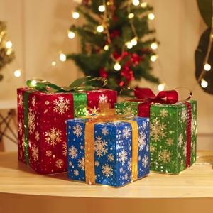 3PCS Christmas Lighted Gift Boxes Pre-Lit Present Boxes Ornament with Snowy Flocking Pine Cone Berry Bowknot, Luminous Xmas Tree Skirt Ornament for Indoor Party Holiday, Christmas Decor (Snowflake)