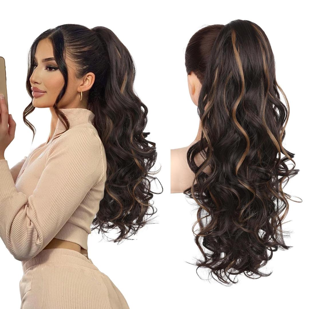 REECHO Ponytail Extension, 26 Inch Drawstring Ponytail Extension Long Curly Wavy Pony Tails Hair Extensions Synthetic Clip in Ponytail Hairpiece for Women, Dark Chocolate Brown with Highlights