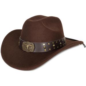 Eohak Womens Western Cowboy Hats Studded Pinched Western Cowgirl Hats Wide Brim Fedoras Hat with Belt Buckle (Size:Medium) (Brown, M)