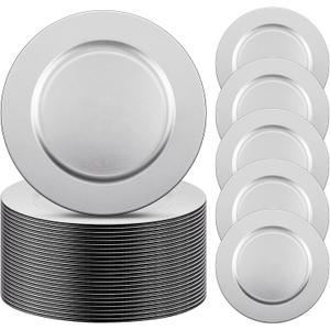 Tanlade 50 Pcs 13 Inch Charger Plates Bulk Round Wedding Chargers Plastic Dinner Plates for Table Setting Wedding Party Decoration (Silver White), Plain Style