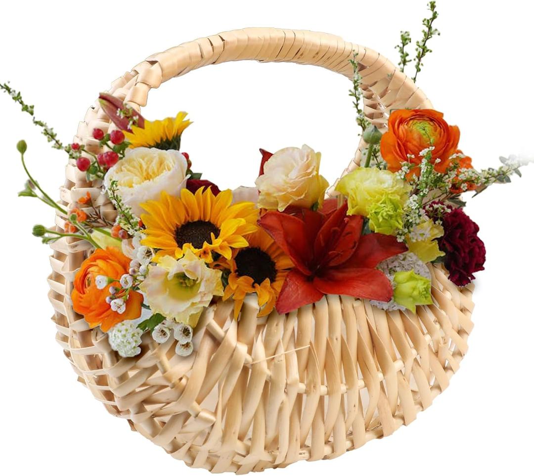 Rattan Half Moon Wicker Basket, Small Wicker Woven Basket with Handle, Woven Wedding Flower Girl Baskets, Picnic Basket, for Home Wedding Decor, Photo Props, Camping (Orbicular)