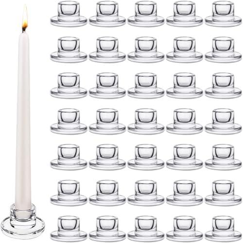 35 PCS Glass Taper Candle Holders Bulk Candlestick Holders Clear Short Tapered Candle Stick Holder Decor Set for Table Centerpiece Wedding Party Advent Christmas Home Decorations (35, Clear)
