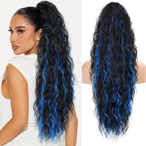 KooKaStyle Ponytail Extension 30 Inch Drawstring Pony Tails Hair Extensions for Women Long Curly Ponytail Synthetic Hairpieces for Daily UseBlack Mix Blue
