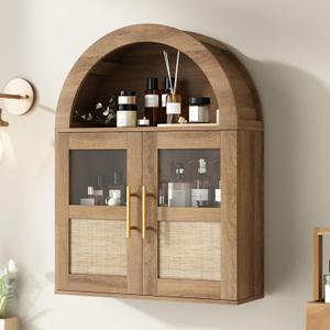 RUSTOWN Arched Bathroom Wall Cabinet, Rattan Medicine Cabinet with 2 Glass Doors, Farmhouse Over the Toilet Storage Cabinets with Adjustable Shelves, 3-Tier Wall Mounted Cabinets