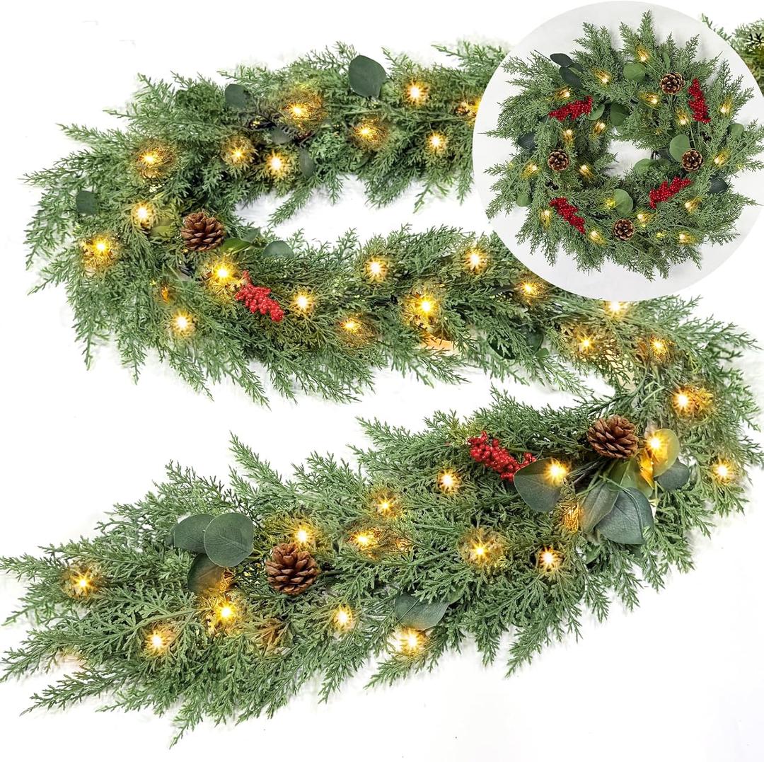 Extra Thick & Lush - Prelit Christmas Garland with 30 Lights Timer, 6Ft by 12 Inch Real Touch Cedar Garland with Berry Pinecone, Battery Operated Realistic Soft 130 Tips Xmas Garlands Indoor Outdoor