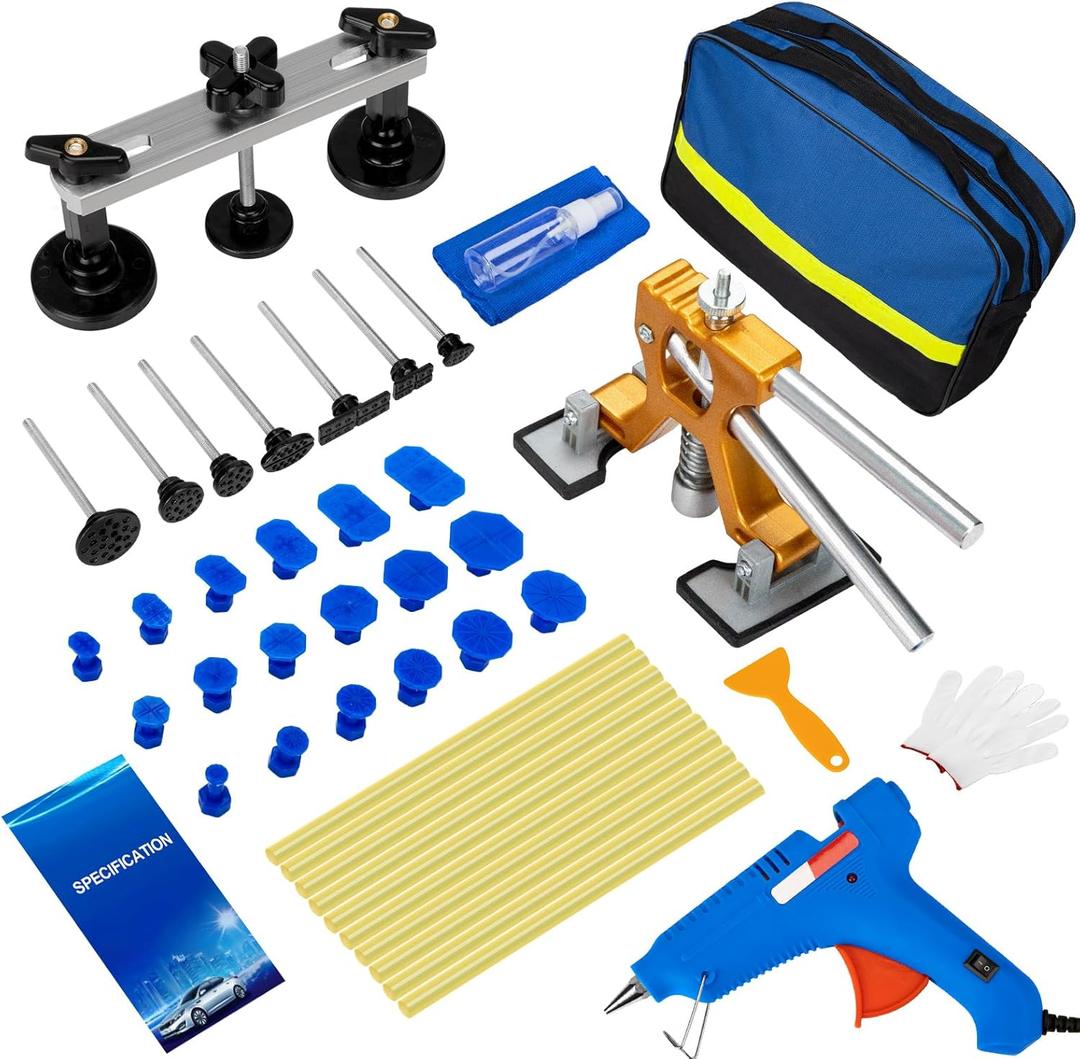 43Pcs Paintless Dent Removal Tool Kit, Car Dent Puller Kit with Golden Lifter & Bridge Puller for Repair 98% Auto Body Dent, Hail Damage Dent Removal Kit for Car SUV Truck Dent DIY Repair (A5-2)