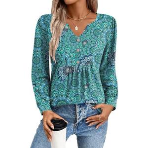 Zeagoo Long Sleeve Shirts for Women 2025 Casual Pleated V Neck Fall Tunic Tops Button Down Blouse Dressy Loose T-Shirts.XXL