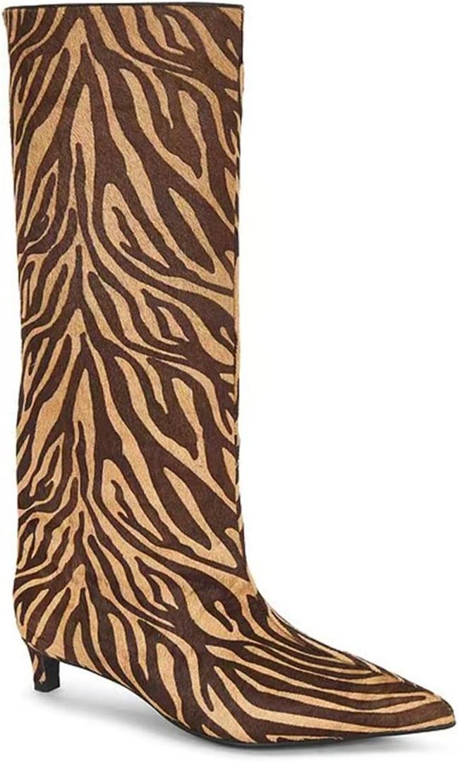 Knee High Boots for Women Pointed Toe Kitten Heel Casual Fashion Long Boots (6.5, Zebra Pattern)