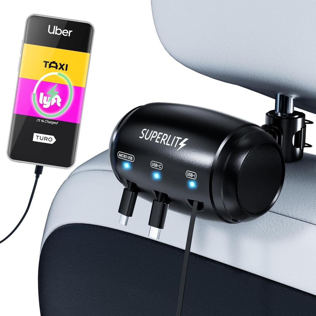Superlit 3-in-1 Retractable Backseat Car Charger  Headrest Mount Charging Station for Uber, Lyft and Rideshare Drivers, Fast Multi USB Charging Device for Passengers Compatible with All Phones