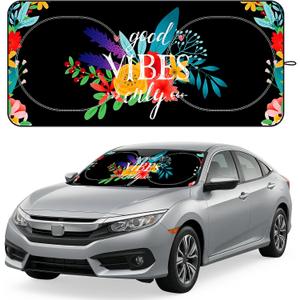 Windshield Sun Shade for Car, 63"x28.5" Stylish Printed Front Window Sunshade with Double Steel Ring Frame, Universal Fit Foldable Heat Blocker & UV Protector, with Storage Pouch (Flowers)