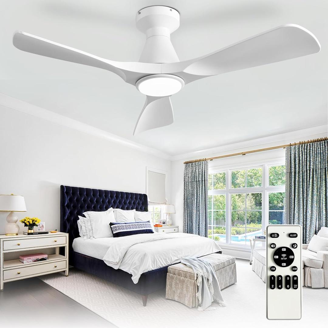 Depuley 42-Inch Ceiling Fans with Lights: White 3 Blade Flush Mount Low Profile Ceiling Fan for Bedroom - Dimmable Indoor Outdoor Fan with Remote Control Ultra Quiet DC Motor Timer