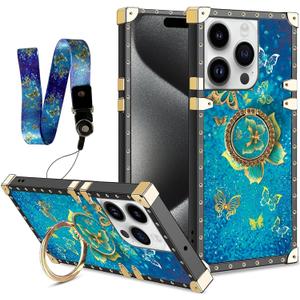 nancheng for iPhone 15 Pro Max Case 2023: Girls Women Fashionable Pattern Cute Case with Ring Stand Strap Lanyard Shockproof Protective Cover for iPhone 15 Pro Max (6.7-inch) - Butterfly Blue