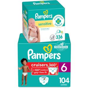Pampers Pull On Cruisers 360 Fit Disposable Baby Diapers Size 6, 104 Count with Sensitive Water Based Baby Wipes 4X Pop-Top Packs (336 Count)