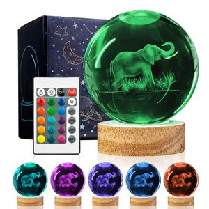 WJNYZWBW 3D Elephant Crystal Ball Night Light with 16 Color LED Wooden Base with Remote Control，3.15 Inch Axolotl Glass Ball，Cool Desk Decor Gifts for Kids Girls Boys Friends Fans (Elephant)