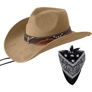 Wildarms Cowboy Hat with Bandana - Adjustable Wide Brim Western Hat for Men & Women,Rodeo Christmas Cowgirl Hats Gifts (Medium, Bull2-camel)