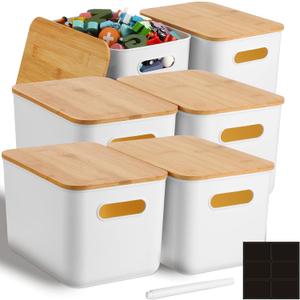 Geosar 6 Pcs Storage Bins with Bamboo Lids Plastic Storage Containers Stackable Box with and Handle with 6 Labels and Marker for Organizing Toys and More, 10.1x7x6.69 In(White, Classic)