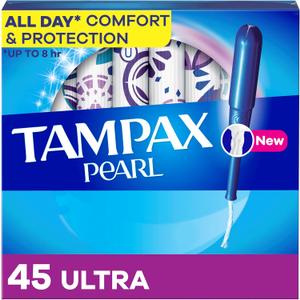 Tampax Pearl Tampons, with LeakGuard Braid, Ultra Absorbency, Unscented, 45 Count