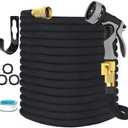 Garden Hose Non-Expandable 50 ft, Lightweight Flexible Water Hose with 10 Function Spray Nozzle, Outdoor Leak Proof, Kink-Free, Portable Hose for Yard, Lawn, Camper, High-Density Fabric, Black Grey