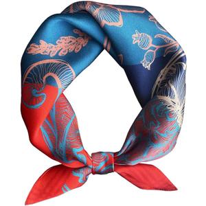 100% Mulberry Silk Neck Scarf 21''x21'' Small Square Hair Scarf for Women Men Lightweight Bandana Envelope Package (Floral- Blue Red)
