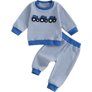 fhutpw Baby Toddler Boy Girl Fall Winter Clothes Embroidery Stripe Pullover Pants Sets Infant Long Sleeve Sweatshirt Outfits (12-18 Months, Tractor Blue)